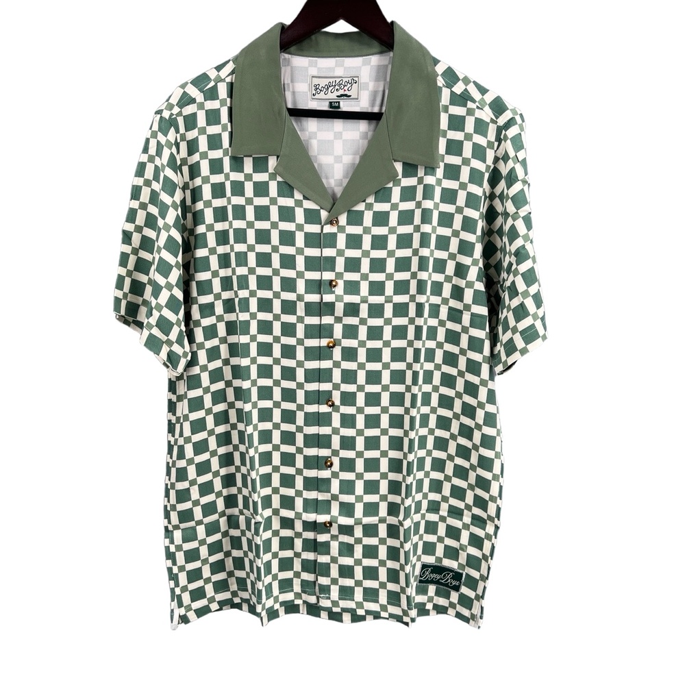 Bogey Boys Green‎ White Checkerboard Button Up Shirt Rayon Golf Preppy Small New